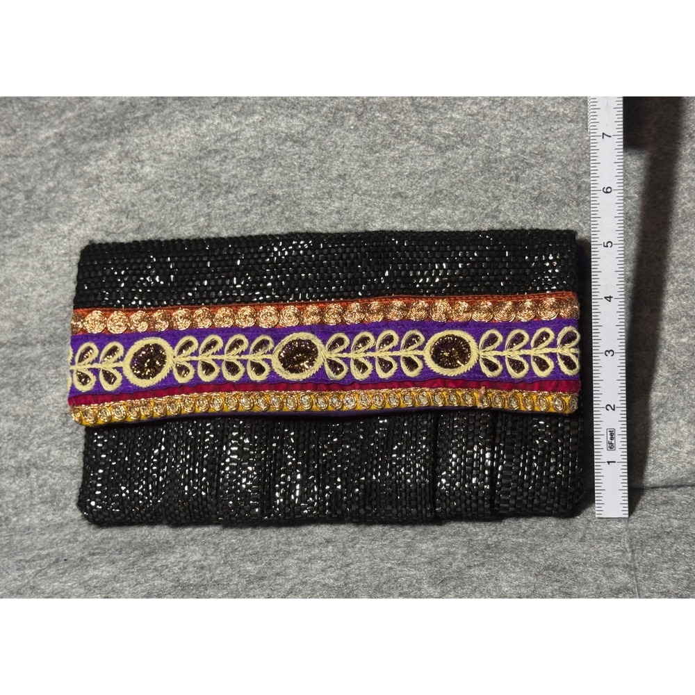 Black Beaded Clutch Bag Purple Gold Embroidered Boho Evening Bag Snap Closure - Picture 6 of 6
